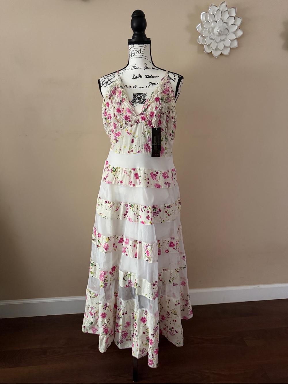 White Maxi Dress with Pink Floral Tiered Skirt